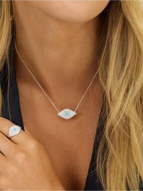 Gold Pavé Evil Eye Necklace with Blue Opal Accent